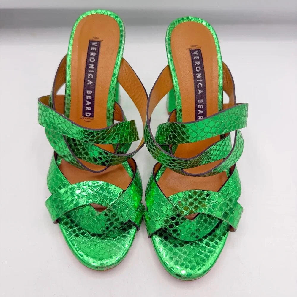 Veronica Beard Macey Green Snake Print Mules - Picture 6 of 12